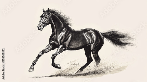 Purebred horse head sketch. Black racehorse of arabian breed. Powerful stallion for horse racing symbol or equestrian sporting themes design photo