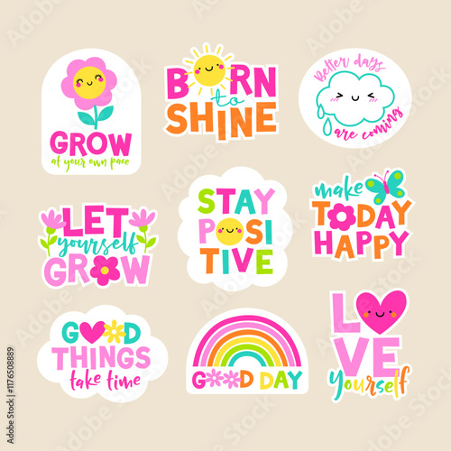 Set of positive thinking concept stickers design. Encourage quotes lettering with cute elements. photo