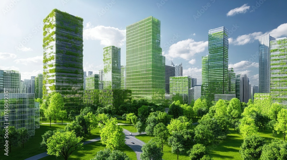 Fototapeta premium Dynamic green urban layout featuring eco-friendly skyscrapers, urban forests, and renewable energy systems seamlessly integrated.