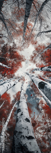 Ethereal Autumn: Upward View of Birch Trees with Crimson Leaves Against a Cloudy Sky