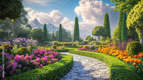Lush Garden Oasis with Pristine Paths, Symmetrical Hedges, Vibrant Blossoms, Tranquil Retreat for Nature Lovers