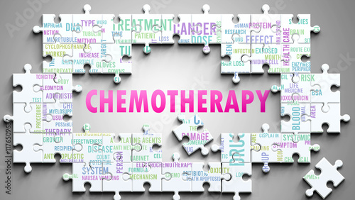 Chemotherapy as a complex subject, related to important topics. Pictured as a puzzle and a word cloud made of most important ideas and phrases related to chemotherapy. ,3d illustration