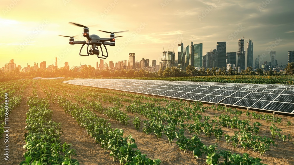 Futuristic urban scene featuring drone-operated farming pods, solar grids, and sleek green energy-efficient buildings. Futuristic urban scene featuring drone-operated farming pods, solar grids, and sleek green energy-efficient buildings.