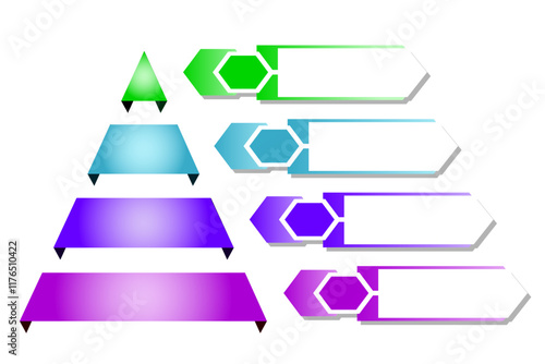 Infographic hierarchical illustration of purple with blue and green triangle divided and cut and space for text, Pyramid shape four layers for presenting business ideas or disparity and statistical