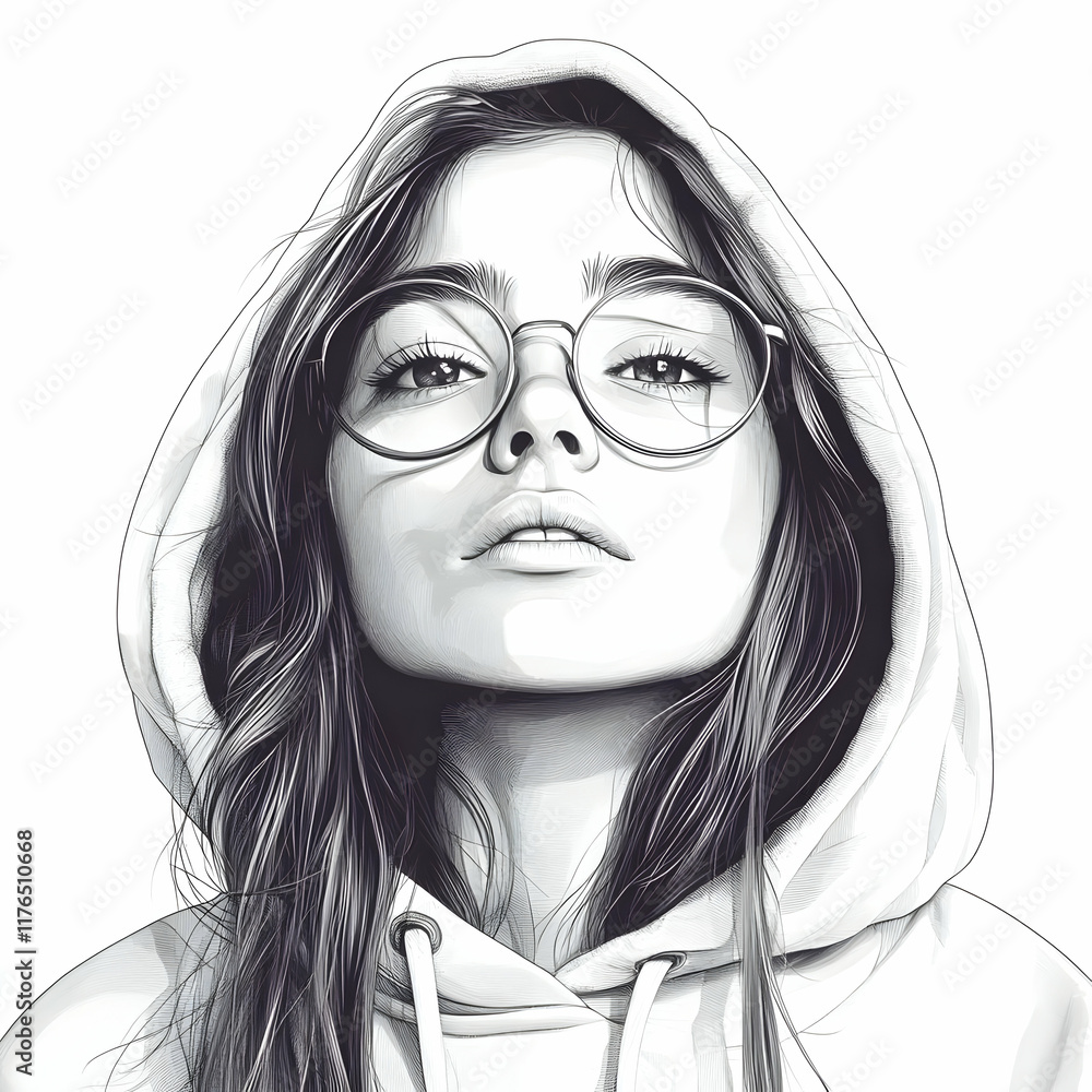 Girl in Hoodie Illustration Monochrome Drawing Girl in Hoodie Illustration Monochrome Drawing