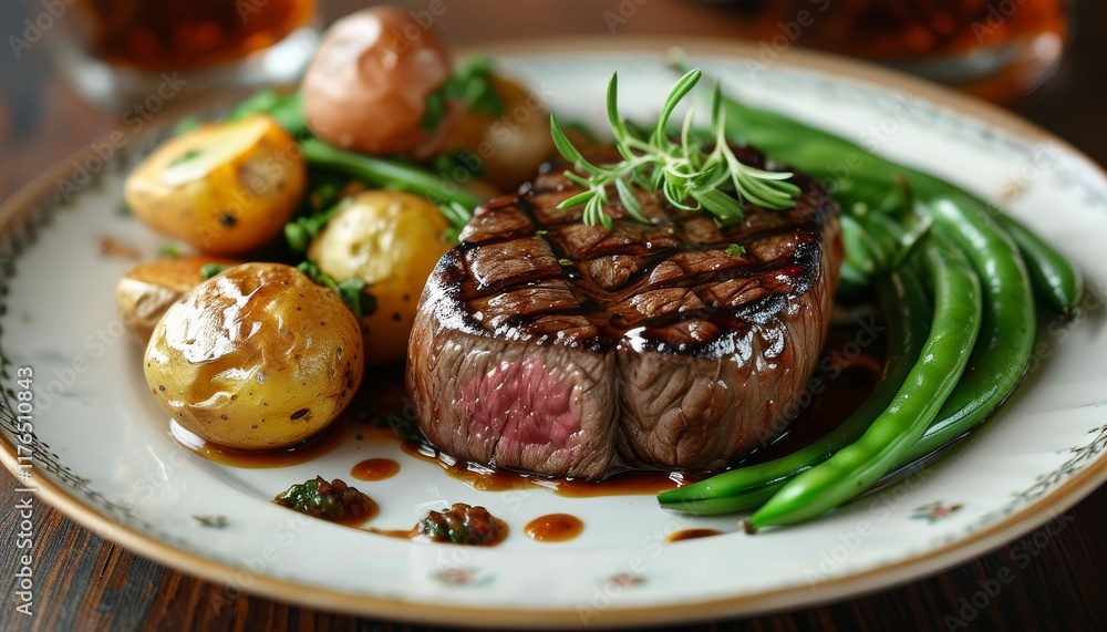 Gourmet New York Strip Steak with Potatoes and Green Beans on Elegant Plate Gourmet New York Strip Steak with Potatoes and Green Beans on Elegant Plate