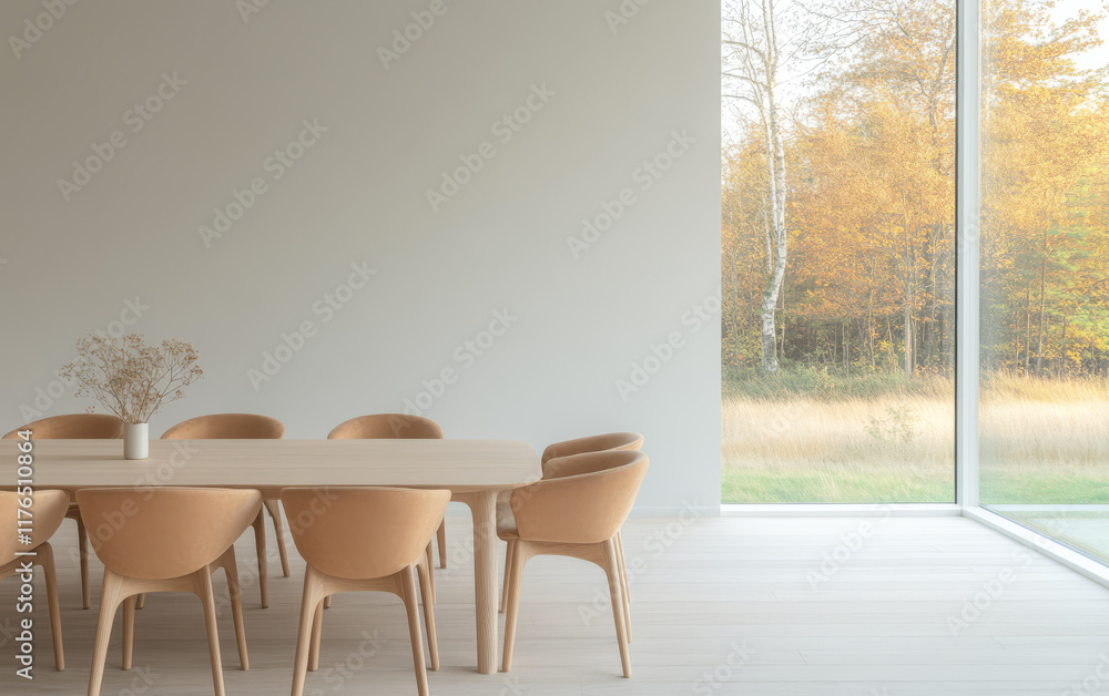 Modern dining area with wooden table and cozy chairs overlooking autumn scenery Modern dining area with wooden table and cozy chairs overlooking autumn scenery
