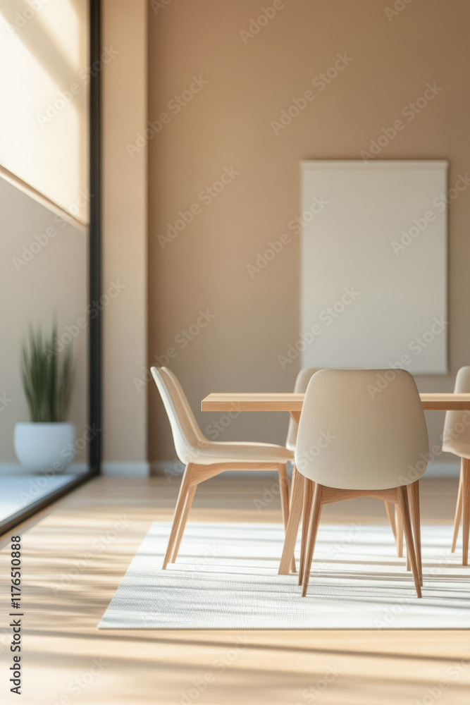 Modern dining area with natural light and minimalist decor in a warm-toned space Modern dining area with natural light and minimalist decor in a warm-toned space