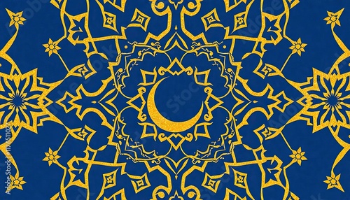 Decorative design centered around a golden crescent moon, set against a rich blue background. Surrounding the crescent moon are intricate geometric patterns and floral motifs, primarily in gold, formi photo