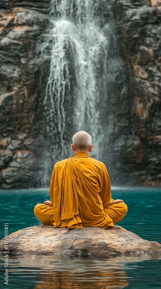 Buddhist monk sitting quietly on a rock in water with a waterfall in the backdrop Buddhist monk sitting quietly on a rock in water with a waterfall in the backdrop