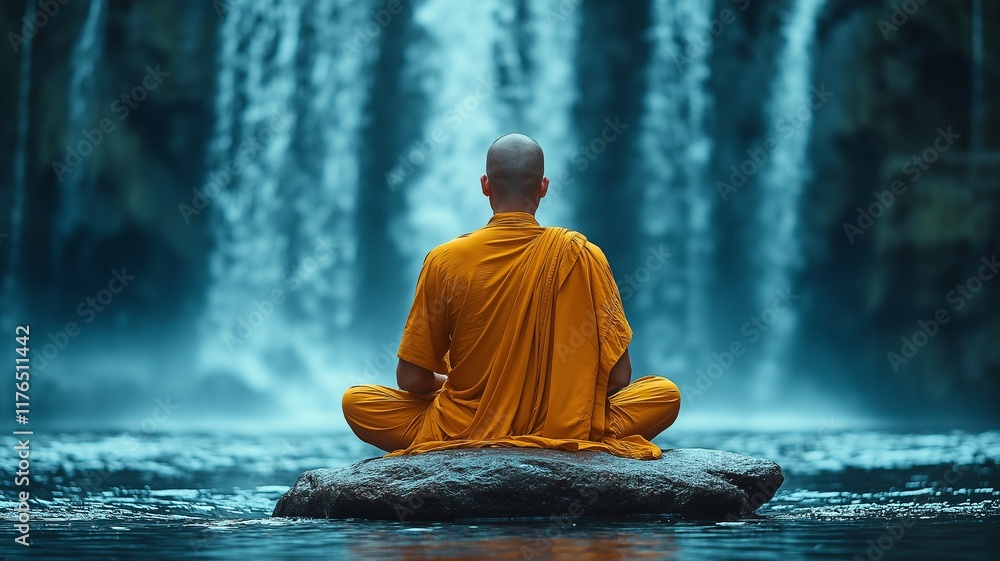 Buddhist monk sitting quietly on a rock in water with a waterfall in the backdrop Buddhist monk sitting quietly on a rock in water with a waterfall in the backdrop