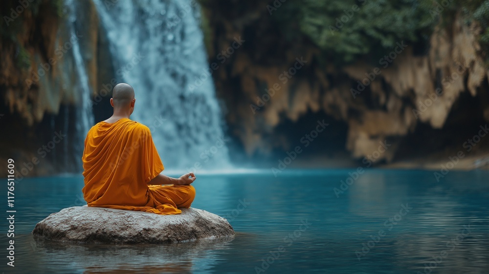 Buddhist monk sitting quietly on a rock in water with a waterfall in the backdrop Buddhist monk sitting quietly on a rock in water with a waterfall in the backdrop