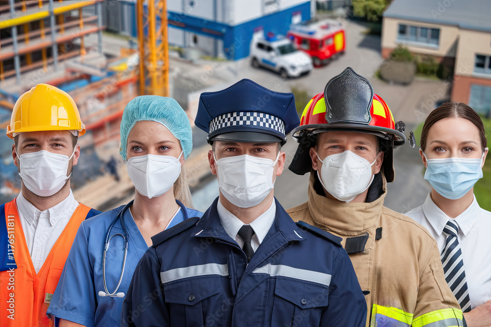 Group of workers of various professions standing united in a photograph Group of workers of various professions standing united in a photograph