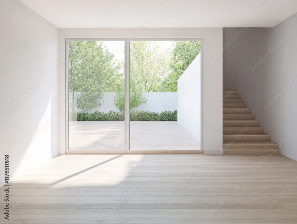 Fototapeta premium Bright and minimalistic interior with large windows showcasing greenery outside