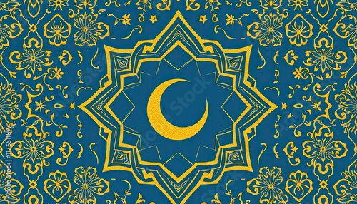 Decorative design centered around a golden crescent moon, set against a rich blue background. Surrounding the crescent moon are intricate geometric patterns and floral motifs, primarily in gold, formi photo