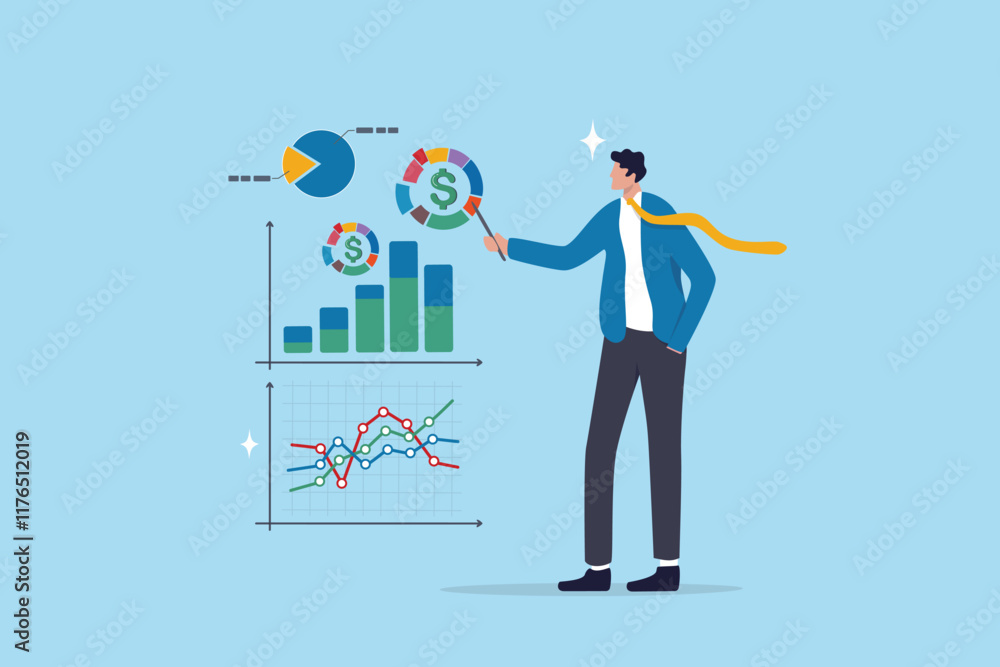 Financial data, investment chart and graph diagram, accounting report, datum growth, marketing analysis, statistics presentation concept, businessman present financial data diagram with dollar sign. Financial data, investment chart and graph diagram, accounting report, datum growth, marketing analysis, statistics presentation concept, businessman present financial data diagram with dollar sign.