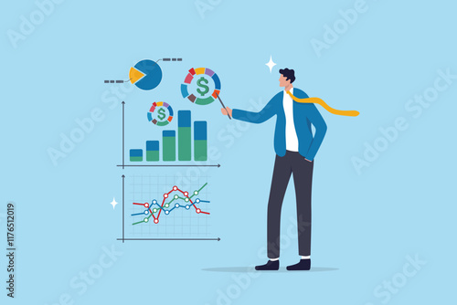 Financial data, investment chart and graph diagram, accounting report, datum growth, marketing analysis, statistics presentation concept, businessman present financial data diagram with dollar sign.