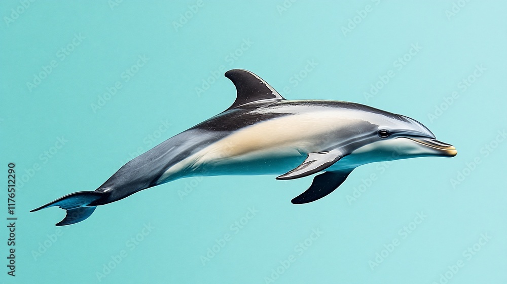 Obraz premium Dolphin leaping, turquoise background, ocean life, marine mammal
