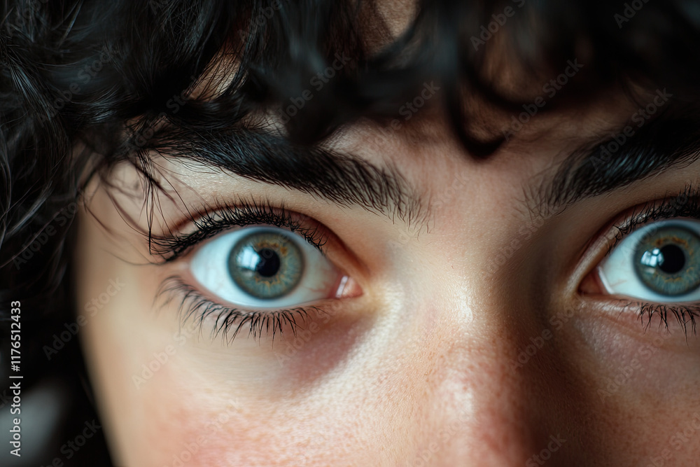 Fototapeta premium Woman with raised eyebrows and wide eyes showing surprise