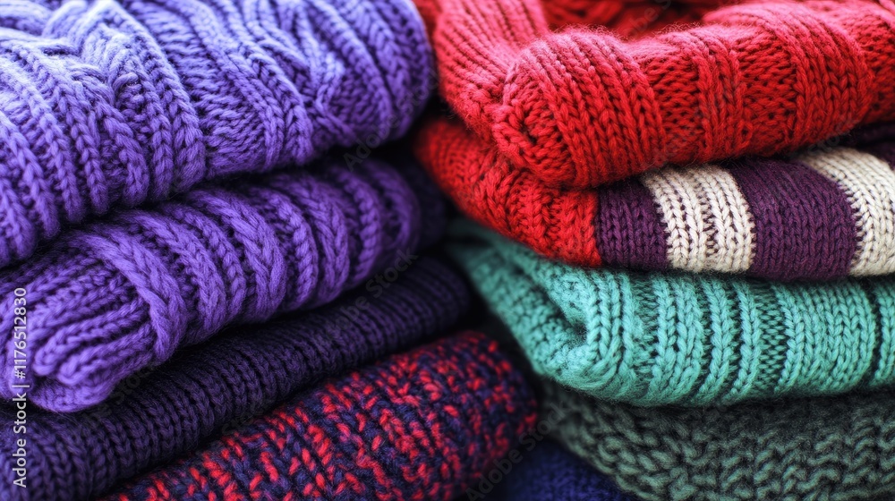 Stack of colorful knitted sweaters in purple, red, green, and dark blue. Close-up texture shot. Stack of colorful knitted sweaters in purple, red, green, and dark blue. Close-up texture shot.
