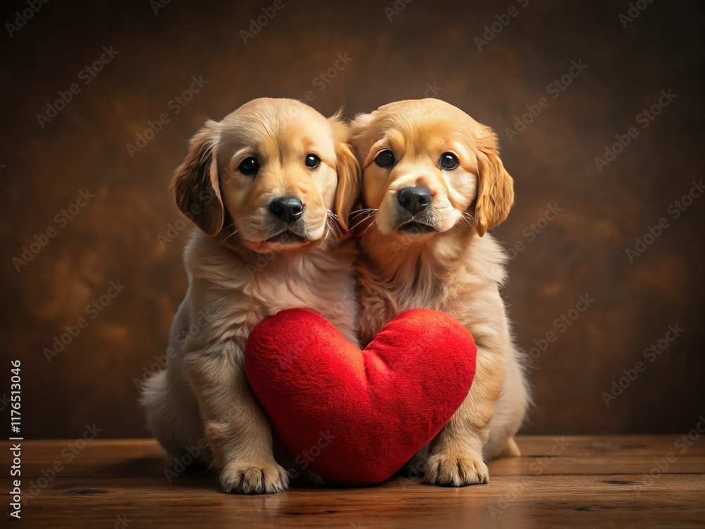 Adorable Golden Retriever Puppies with Red Heart - Minimalist Brown Background Stock Photo Adorable Golden Retriever Puppies with Red Heart - Minimalist Brown Background Stock Photo