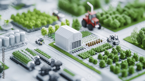 Wallpaper Mural detailed 3D rendering of AI operated farm featuring green crops, greenhouse, and agricultural machinery. scene showcases modern farming technology and sustainable practices Torontodigital.ca