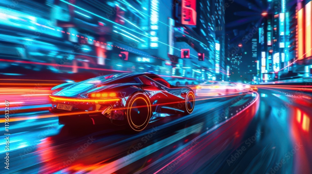 Fototapeta premium A futuristic car speeds through a neon-lit cityscape at night, showcasing vibrant lights and motion.