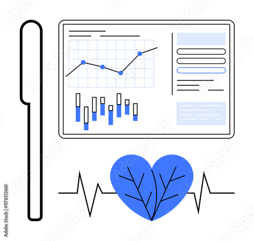 Medical data visualization on a tablet with graphs and charts, pen alongside, blue heart with vein pattern connected to EKG line. Ideal for healthcare, technology, medical research, wellness