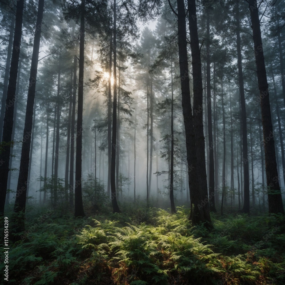 A foggy forest morning with shadows of trees stretching infinitely into the mist. A foggy forest morning with shadows of trees stretching infinitely into the mist.