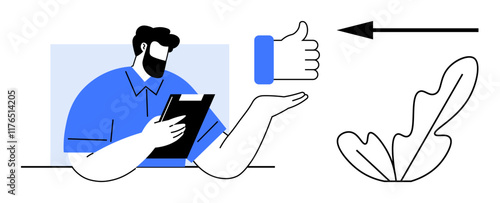 A person with a clipboard gestures confidently with a thumbs-up icon nearby, and an arrow points right. Ideal for positive feedback, guidance, approval, professionalism, leadership, competence