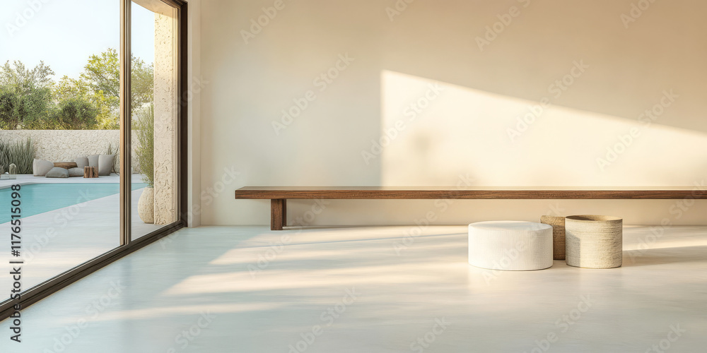 Obraz premium Contemporary indoor space with minimalist decor and natural light by swimming pool