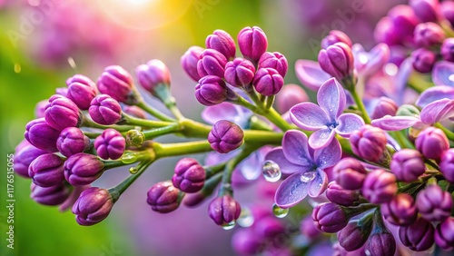 Close-up Lilac Branch Buds, Rainy Blurred Background - Spring Blossom Stock Photo