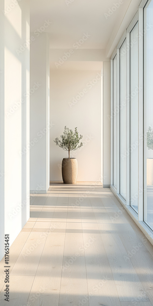 Fototapeta premium Modern interior corridor featuring a potted plant and large windows for natural light