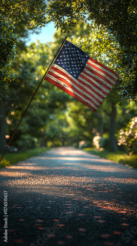 American Flag on Tree Lined Path  Summer  Patriotism