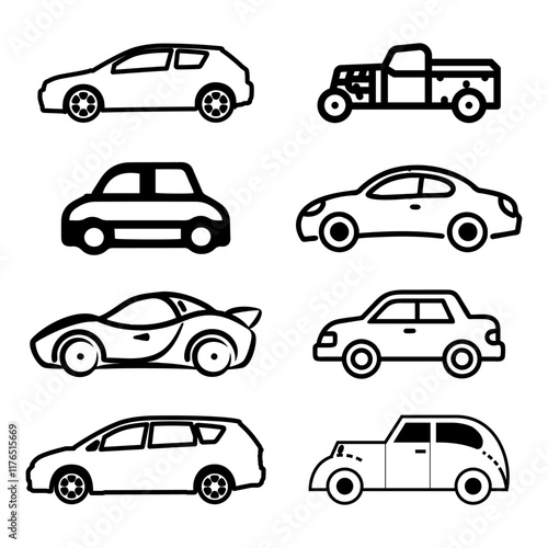 Transporttation vehicles automobile traffic of trasport car van truck black siluete side view pictograms icons outline set colletions vector flat design white background
