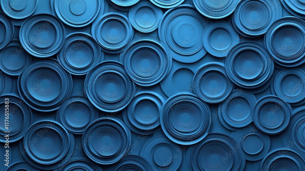 a wall of blue plates with a pattern of circles a wall of blue plates with a pattern of circles