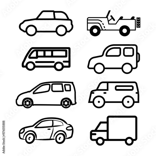 Transporttation vehicles automobile traffic of trasport car van truck black siluete side view pictograms icons outline set colletions vector flat design white background