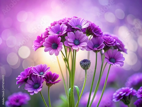 Delicate Purple Flowers Blooming on Dark Stem, Soft Lavender Gradient Background