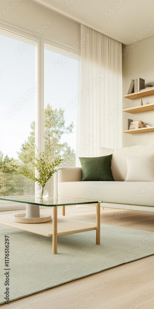 Obraz premium Modern living room with natural light and minimalist decor in a serene setting