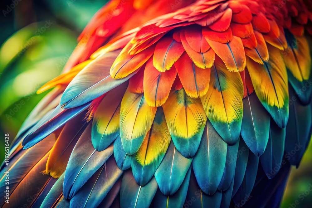 Fototapeta premium Vintage Macaw Feathers: Bright Tropical Bird Wing Closeup, Colorful Parrot Feather Pattern, Natural Background Photography