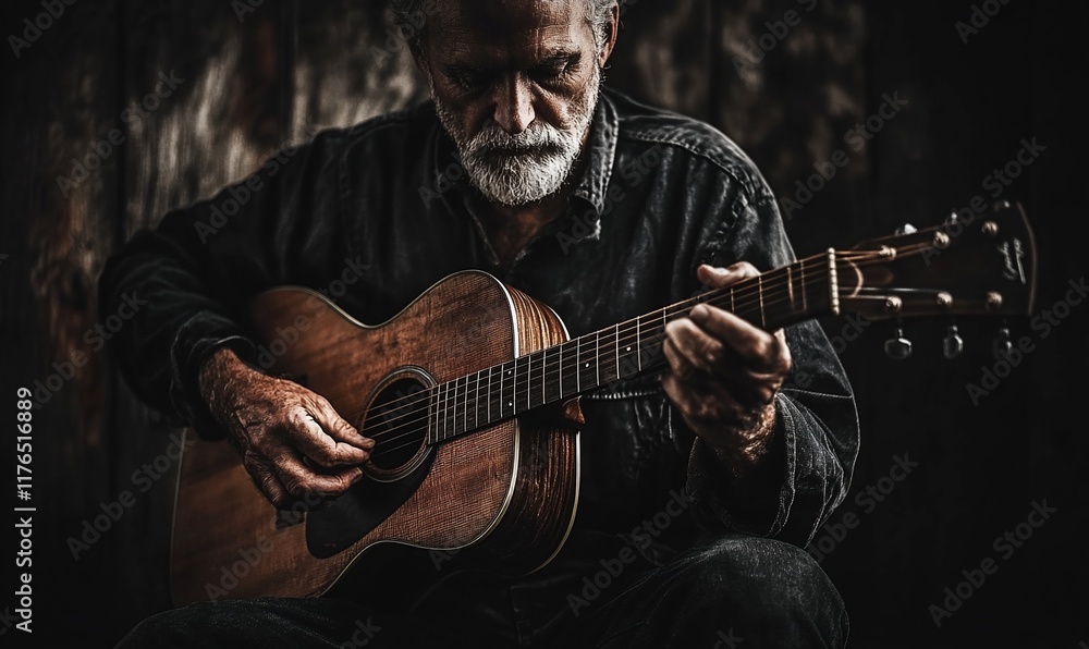 Obraz premium Elderly man playing acoustic guitar, dark background, music, emotion