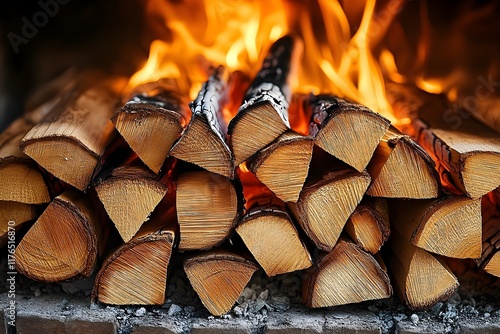 The photo shows firewood burning inside the furnace. photo