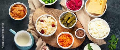 Best sources of probiotic on gray background.
