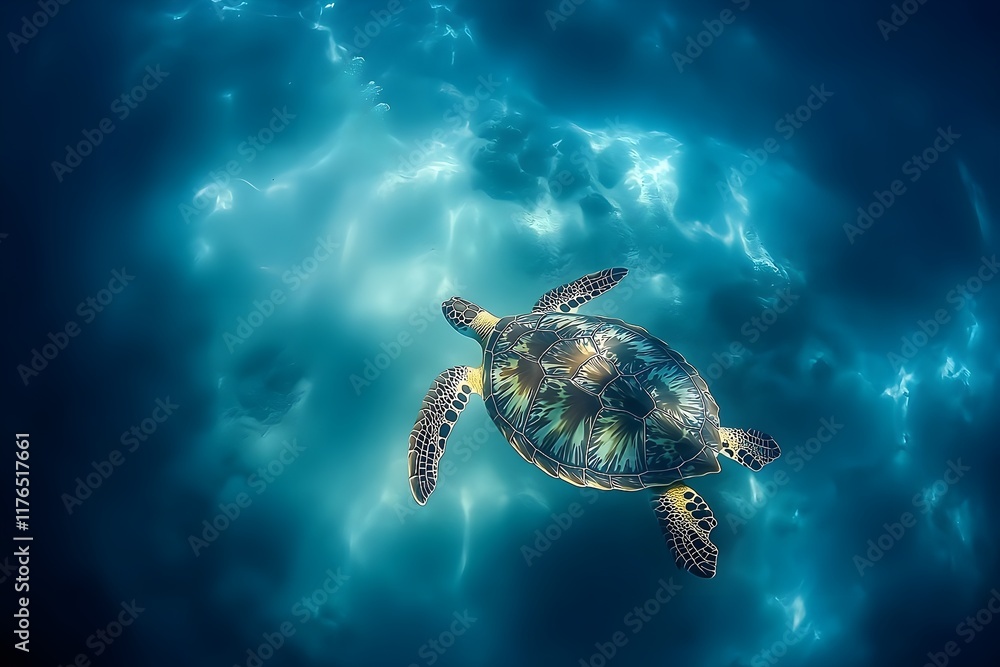 An underwater photo of a sea turtle leisurely swimming between rocks in a dark sea bathed in sunlight. An underwater photo of a sea turtle leisurely swimming between rocks in a dark sea bathed in sunlight.