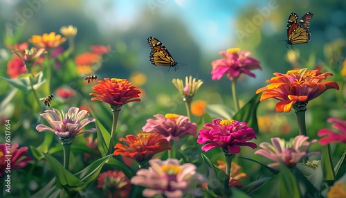 Colorful zinnias in a field with butterflies and bees photo