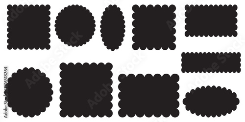 Set of scalloped frames vector collection. Circle, square, oval and rectangle forms with frill lace edges. Scallop labels, Clipart image vector illustration isolated on white background.