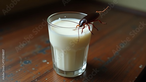 A close up and detailed photo of milk glass placed on desk with cockroach perched on top of the food explaining about food unhygienic and contamination