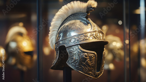 Knight warrior helmet, medieval soldier heraldry armor. Vector ancient helm with plume on crest, roman army soldier, gladiator or fighter armour side view. Battle helmet of spartan warrior or fighter photo