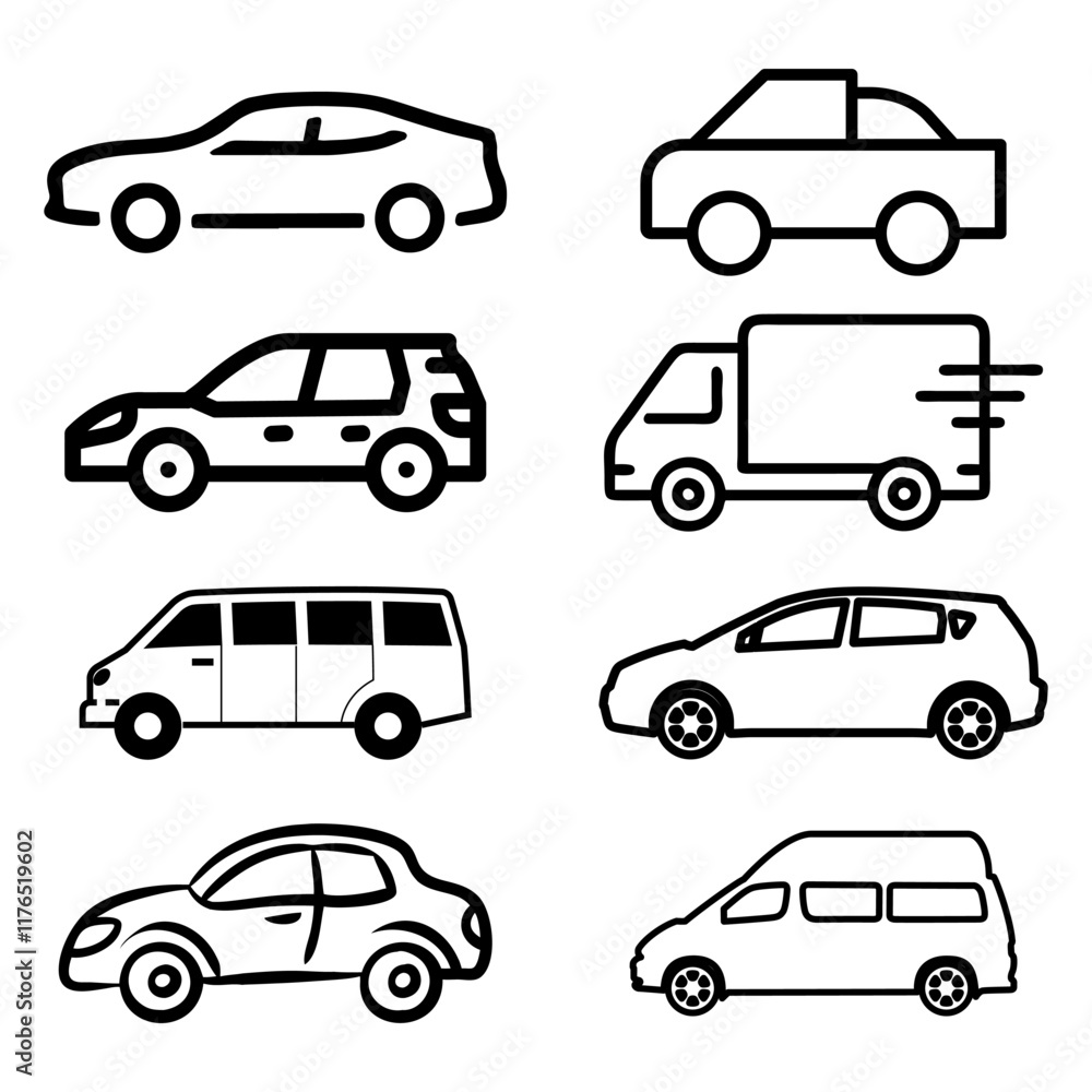 Transporttation vehicles automobile traffic of trasport car van truck black siluete side view pictograms icons outline set colletions vector flat design white background Transporttation vehicles automobile traffic of trasport car van truck black siluete side view pictograms icons outline set colletions vector flat design white background
