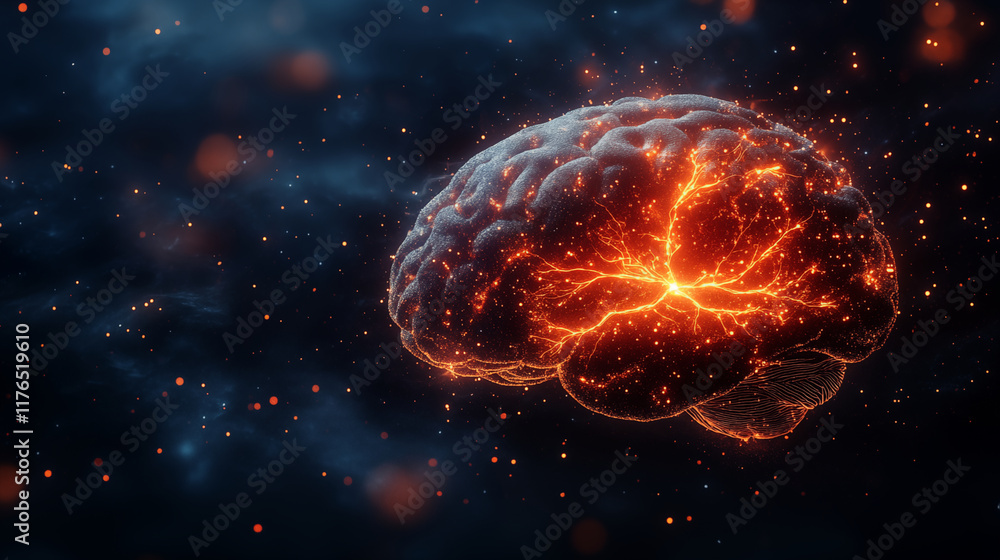 Brain neural network glowing orange against dark background highlighting artificial intelligence concept Brain neural network glowing orange against dark background highlighting artificial intelligence concept